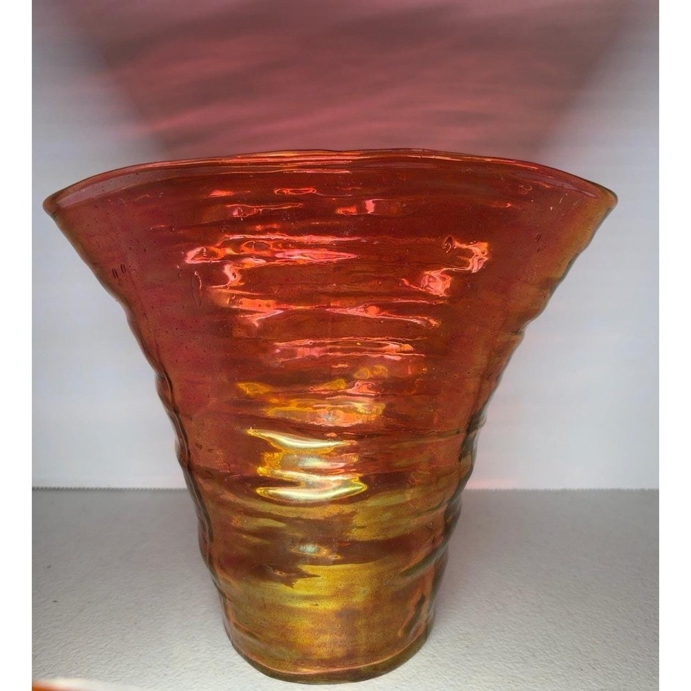 Vintage Hand Blown Amberina Cranberry Studio Art Glass Vase Freeform 7" MCM